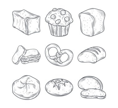 Kurutulmuş simge seti, kraker, kek, beyaz üzerine daha soyutlanmış.