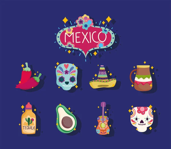 Mexico culture icon set, caveira, chapéu, tequila, guitarra e chapéu — Vetor de Stock