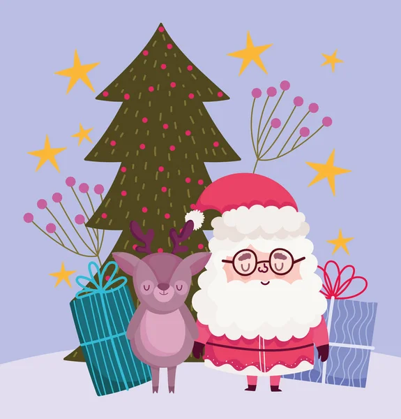 Frohes neues Jahr 2021, niedliche Weihnachtsmann-Rentiere mit Geschenken und Baumschmuck — Stockvektor