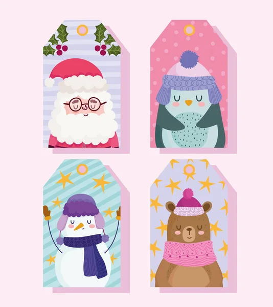 2021年新年快乐，可爱的桑塔，企鹅，熊，雪人，标签装饰 — 图库矢量图片