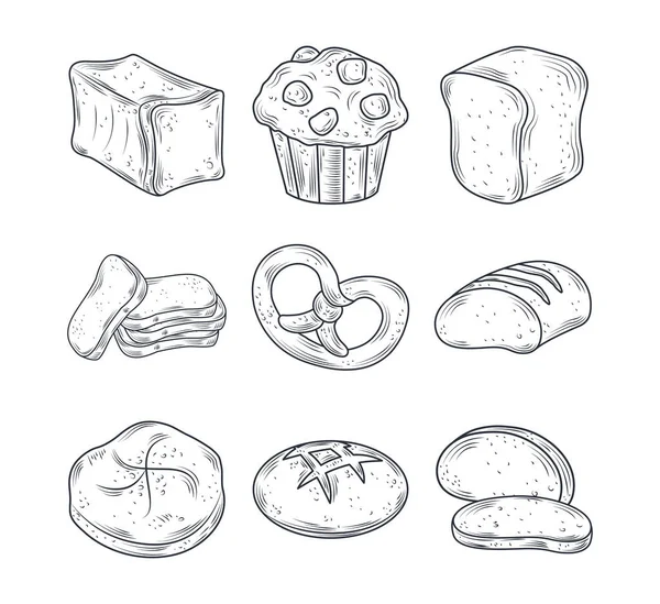 Ensemble d'icônes cuites au four, bretzel pain, muffin, entier et plus isolé sur blanc — Image vectorielle