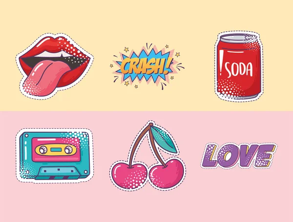 Pop art elemento pegatina icono conjunto, labios, soda, cassette, cereza y amor — Archivo Imágenes Vectoriales