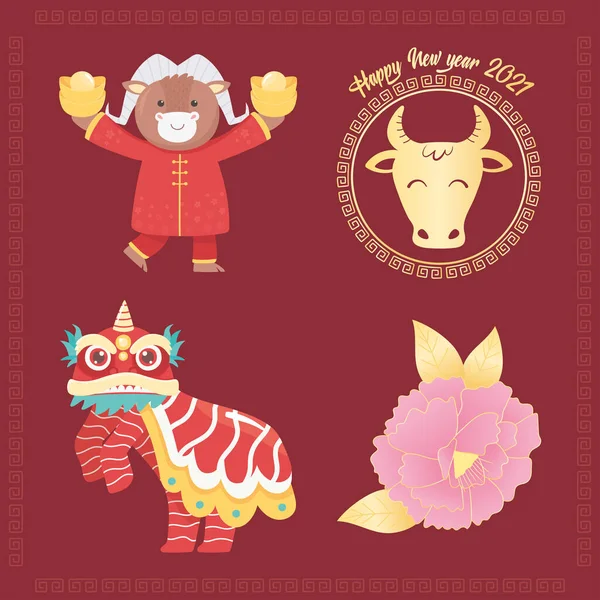 Happy new year 2021 chinese, ox, dragon, flower icons — стоковый вектор