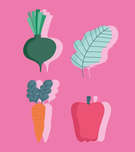 Food set icons with shadow, radish lettuce pepper and carrot — 图库矢量图片