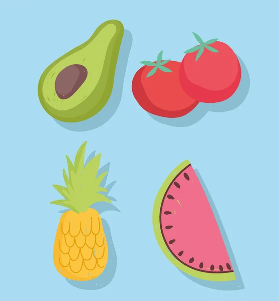 Set de alimentos iconos tomate aguacate piña y sandía — Vector de stock