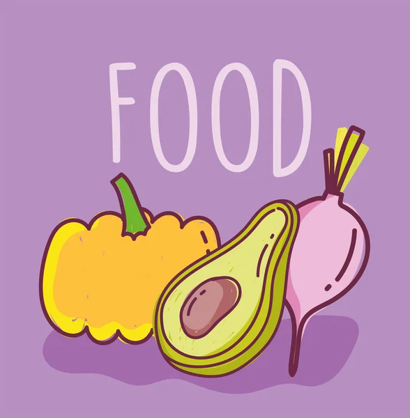 Fetta di cibo avocado zucca e ravanello disegno di sfondo — Vettoriale Stock