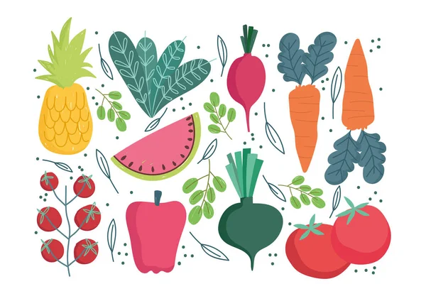 Patrón de alimentos, zanahoria rábano pimienta tomate piña y sandía diseño aislado — Vector de stock