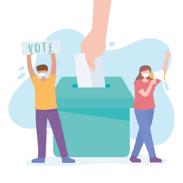 Votação e eleição, mulher com megafone homem com papel, mão colocar cédula na caixa —  Vetores de Stock