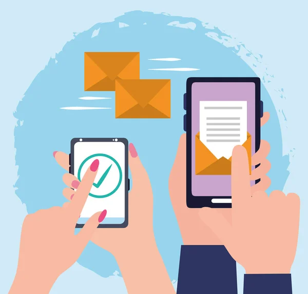 Handen vrouw en man met smartphone app e-mail en vink merk ok communicatie — Stockvector