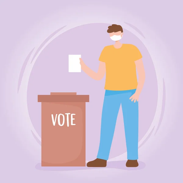 Vote et élection, gars avec masque médical bulletin de vote et boîte — Image vectorielle