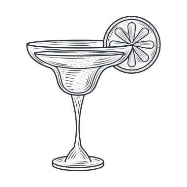 Dilimlenmiş limon alkollü kokteyl, ince çizgi tarzı ikon.