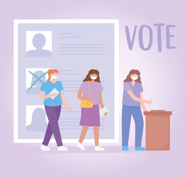 Votación y elección, personas con máscaras eligiendo candidatos — Archivo Imágenes Vectoriales