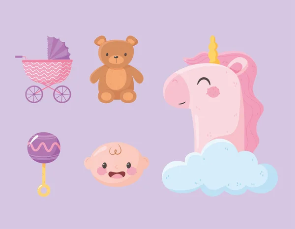 Baby shower, unicorn bear prem rattle dan boy fae icons - Stok Vektor