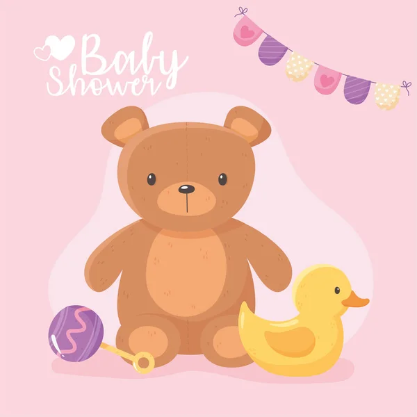 Baby párty, děti hračka medvídek kachna a chrastítko — Stockový vektor