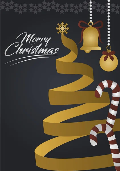 Feliz Navidad, campana de bola de cinta en forma de árbol de oro y bastones de caramelo — Vector de stock