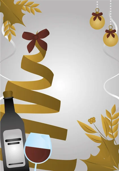 メリークリスマス金色の木のリボンがワインボトルとカップを残し — ストックベクタ