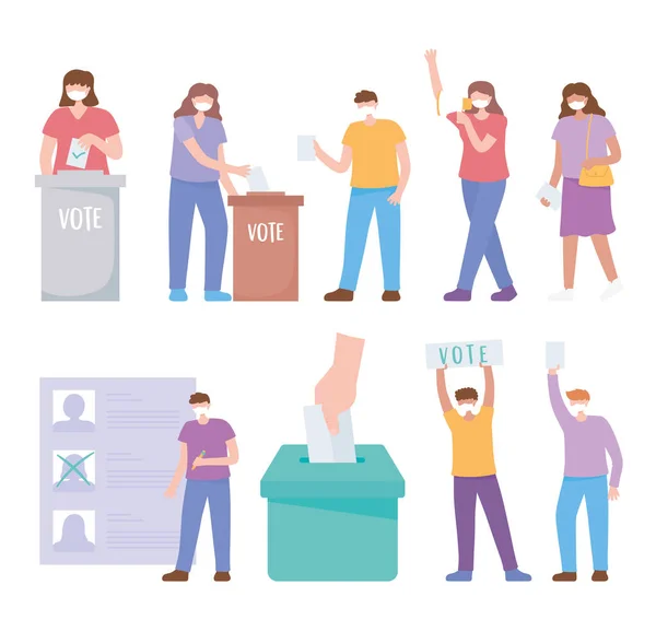 Stemmen en verkiezingen, mensen met masker, zet stembiljet in de doos, kandidaten lijst, set pictogrammen — Stockvector