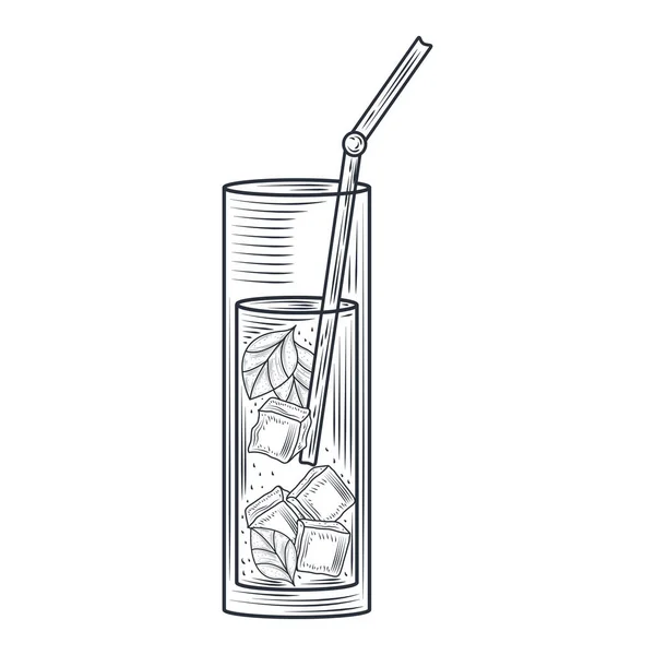 Sklenice s ledovým listem a slámou, koktejl a alkoholický nápoj, ikona tenkého linkového stylu — Stockový vektor