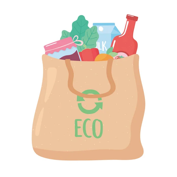 Bolsa ecológica de tela con muchos productos, compras de comestibles — Archivo Imágenes Vectoriales