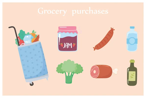 Carrito de compras de comestibles con alimentos incluyen mermelada de brócoli agua y más — Vector de stock