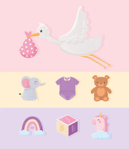 Baby shower, cigogne avec couverture, licorne ours éléphant arc-en-ciel, icônes de la collection — Image vectorielle