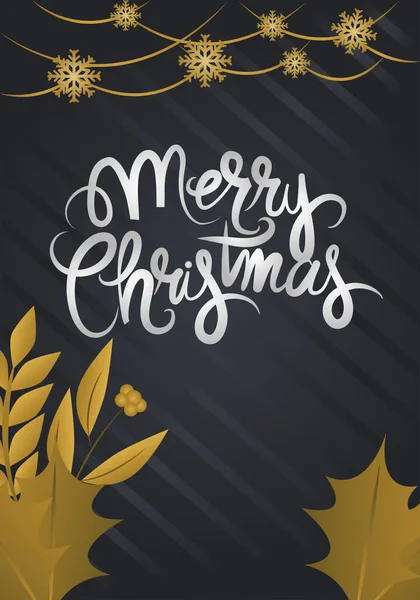Merry christmas, golden hanging snowflakes leaves lettering over black background — Stock Vector