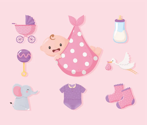 Μωρό ντους, μωρό σε κουβέρτα, ρούχα μπουκάλι γάλα ελέφαντα και κουδουνίστρα εικονίδια — Διανυσματικό Αρχείο
