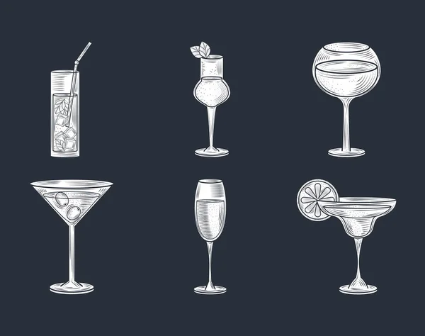 Ensemble de boissons alcoolisées verre, champagne, vin, martini, brandy, cocktails, icônes de style ligne mince — Image vectorielle