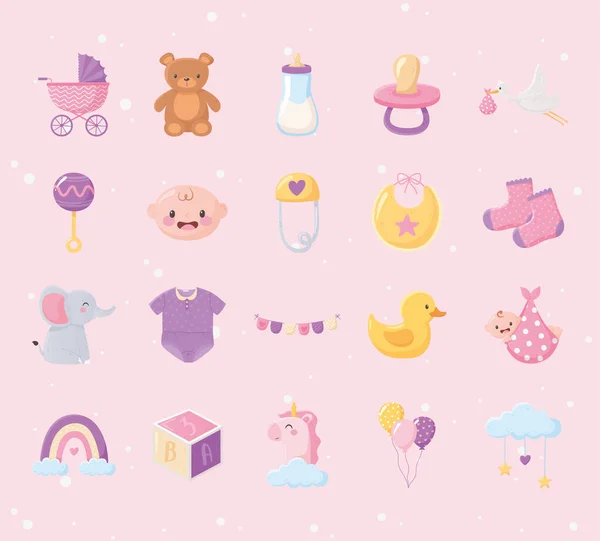 Bebé ducha, conjunto de iconos incluyen cochecito oso sonajero cubo pato juguetes y más — Archivo Imágenes Vectoriales