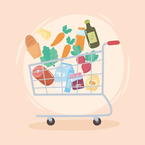 Csökkenő áru a bevásárlókosárba, élelmiszervásárlás — Stock Vector