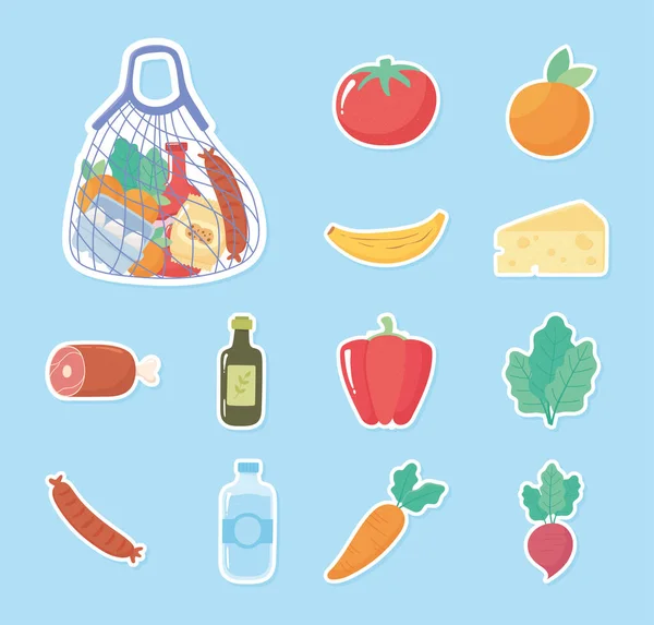 Livsmedel köp ikoner klistermärken tomat apelsin peppar morot — Stock vektor