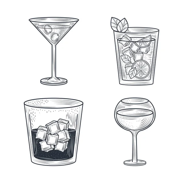 Cóctel alcohol bebida bebidas aperitivo diferentes vasos, iconos de estilo de línea delgada — Vector de stock