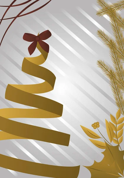 Buon Natale, rami e bacche a forma di nastro a forma di albero d'oro — Vettoriale Stock