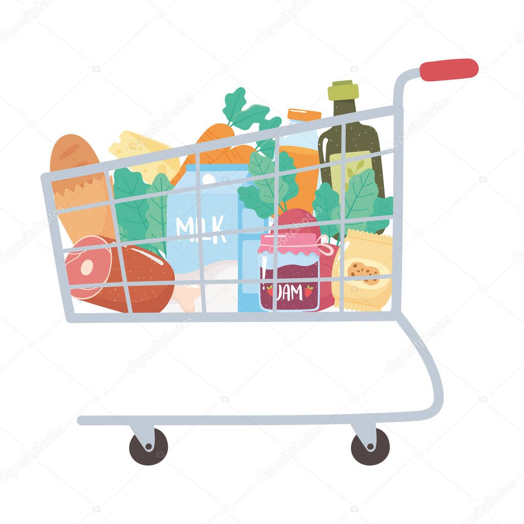 shop cart with bread meat milk jam carrot and more, grocery purchases