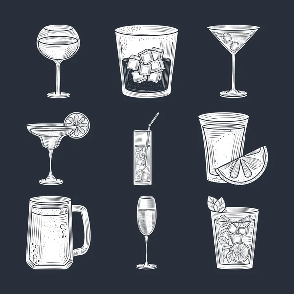 Set of cocktails, beer wine and alcohol drink, thin line style icons — Stock Vector