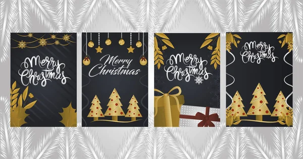 Veselé Vánoce, sada karet se zlatými stromy dárky a míčky — Stockový vektor