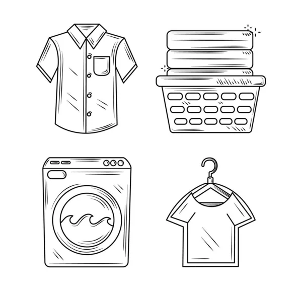 Прання чоловіків сорочка пральна машина і кошик з іконками одягу стиль лінії — стоковий вектор