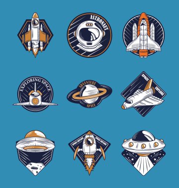 uzay rozeti veya yamalar, galaksi keşfi ve astronot görev simgeleri