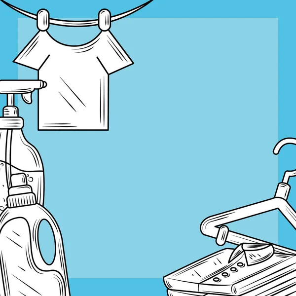 Tvätt hängande skjorta spray detergetn och kläder blå bakgrund linje stil — Stock vektor