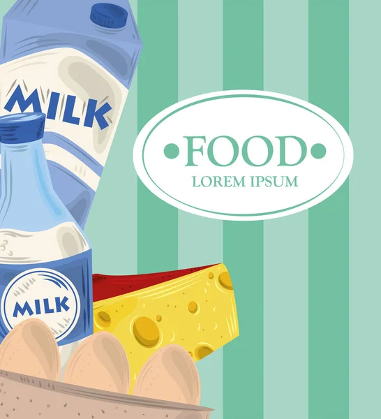 Yiyecek, süt ürünü peynir ve yumurta, yeşil çizgili arka plan — Stok Vektör