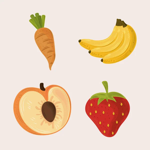 Frutas alimentares vegetais incluem cenoura de banana de morango e ícones de pêssego — Vetor de Stock