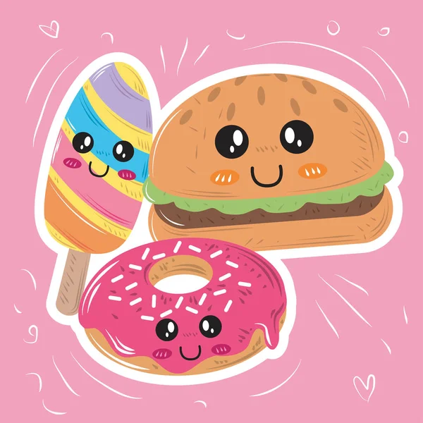 Bonito kawaii fast food hambúrguer sorvete e donut — Vetor de Stock