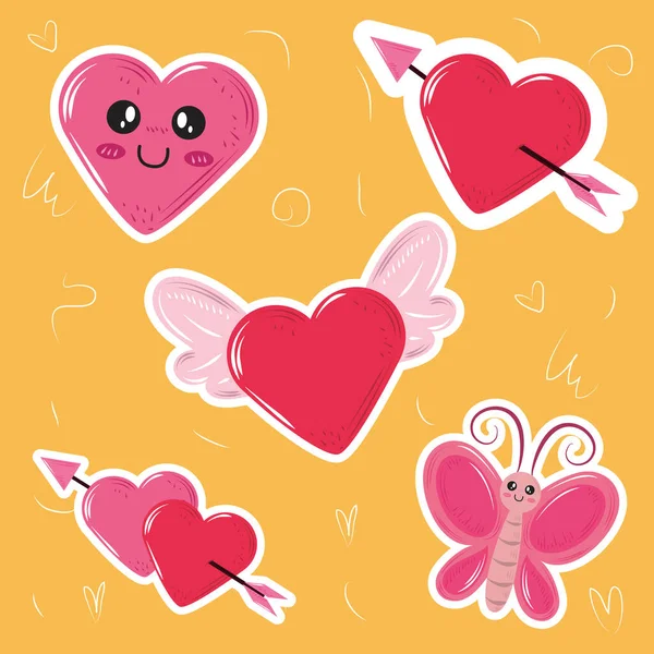 Niedlichen kawaii Herz Flügel Schmetterling Sticker Symbole — Stockvektor