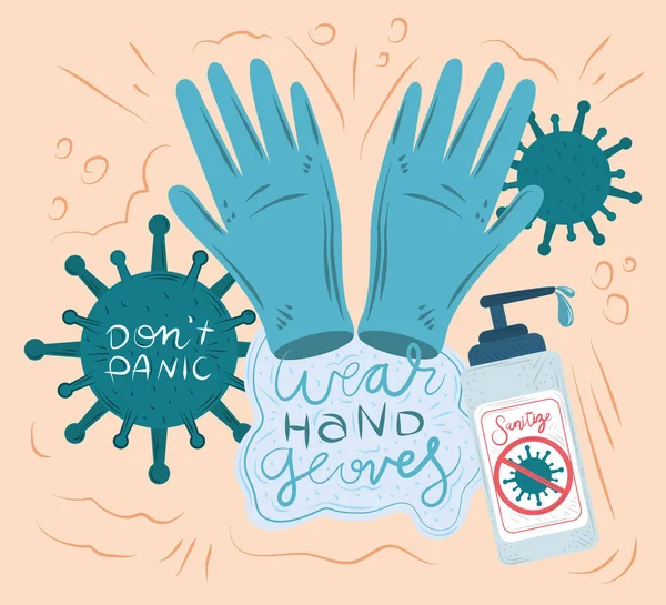 Nieuw normaal, na coronavirus covid 19, draag handschoenen, handen ontsmetten en blijf kalm — Stockvector