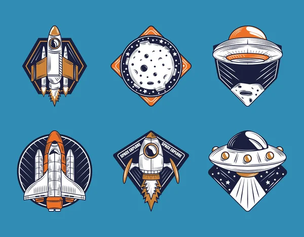 Espacio insignia iconos colección incluyen nave espacial luna OVNI sobre fondo azul — Vector de stock