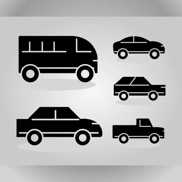 Los coches transportan la vista lateral del vehículo, fijan iconos de la silueta en fondo gris — Vector de stock