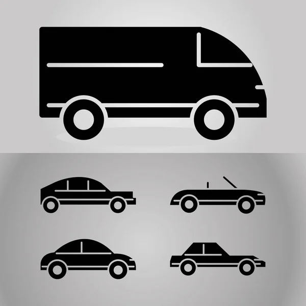 Αυτοκίνητα μεταφοράς, silhouette άποψη εικονίδια σε γκρι φόντο — Διανυσματικό Αρχείο