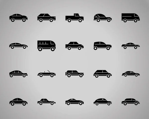 Bilar buss lastbil transportfordon, sidovy siluett ikon på grå bakgrund — Stock vektor