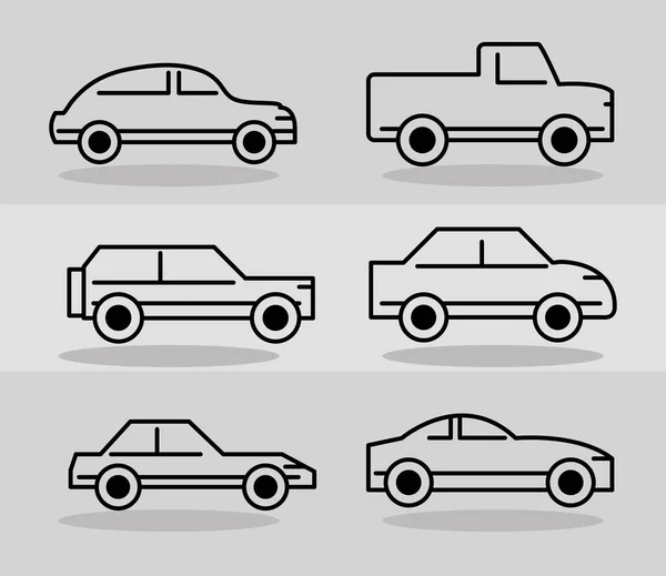 Ensemble de divers véhicules de transport de vue latérale de voitures, icônes de ligne sur fond gris — Image vectorielle