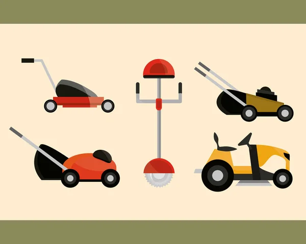 Cortadoras de césped eléctricas y manuales de recogida de equipos — Archivo Imágenes Vectoriales